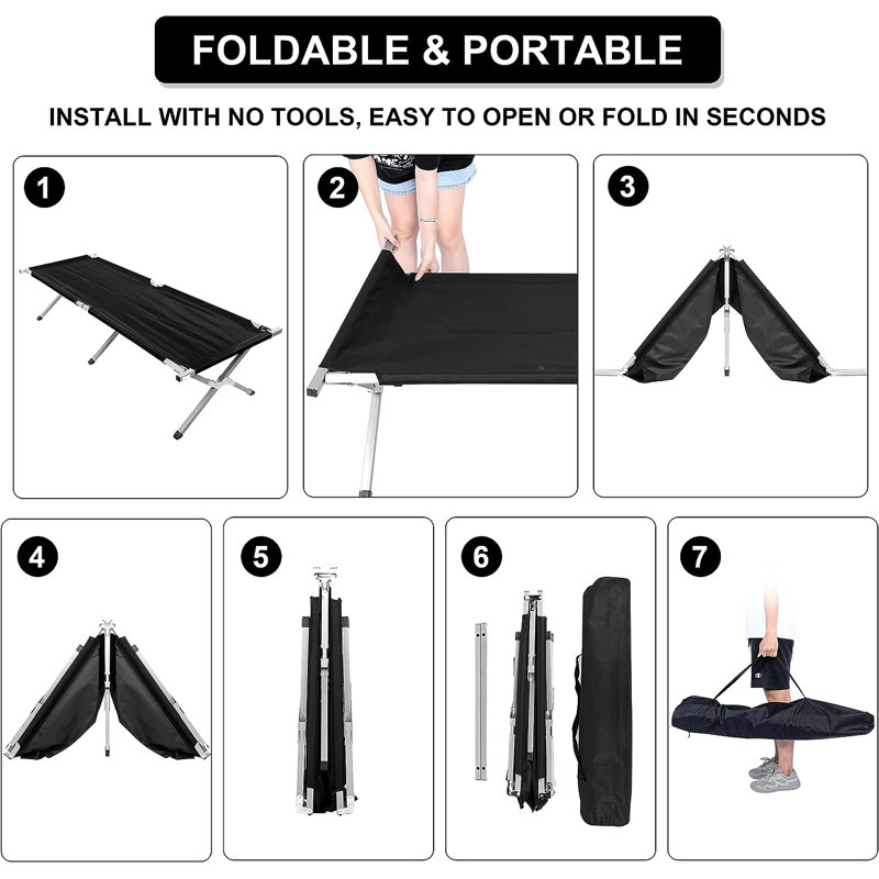 Black Portable Steel Frame Camping Cot with Storage Bag