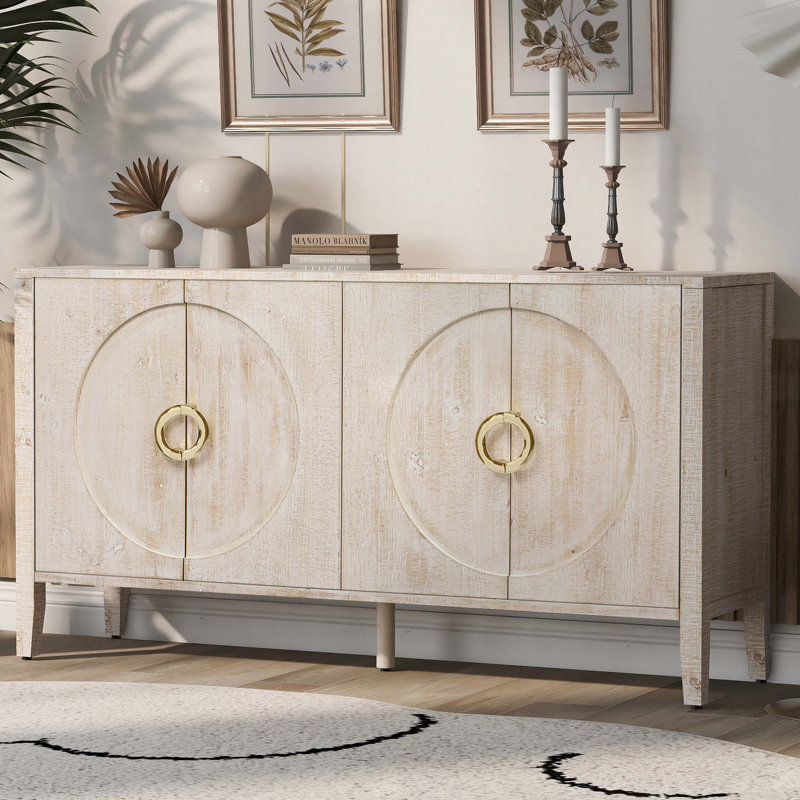 Sophisticated Sideboard With Embossed Texture, Round Handles And Built-in Circular Pattern, Natural