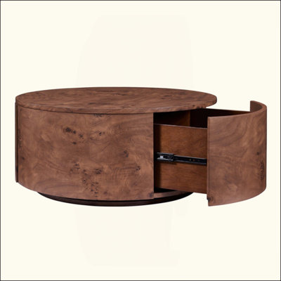 Wood Rotating Coffee Table With 2 Drawers, 360° Rotating Top