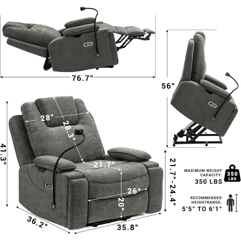  Oversized Recliner Power Lift Chair for Elderly, Dual Motor Power Recliner Sofa, 350lbs Heavy Duty Seat with 4D Arms, Full Flat Positioning, USB Ports, Phone Slot, Hidden Storage, Gray