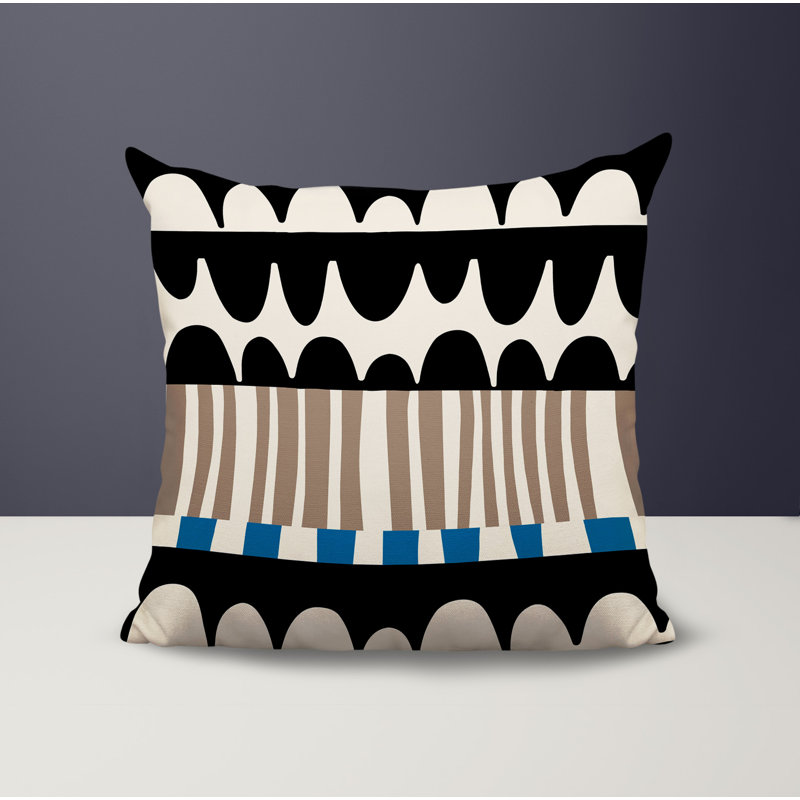 Coussin carré intérieur / extérieur Rami, Turquoise / noir / blanc cassé abstrait, H 15 po x l 15 po