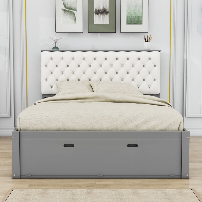 Briannie Platform Bed with with Storage Headboard and 4 Drawers, Gray