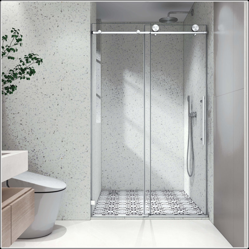 Une porte de douche fixe et une porte coulissante sans cadre avec verre trempé de 8 mm, fermeture douce réglable et Nano Easy-Clean