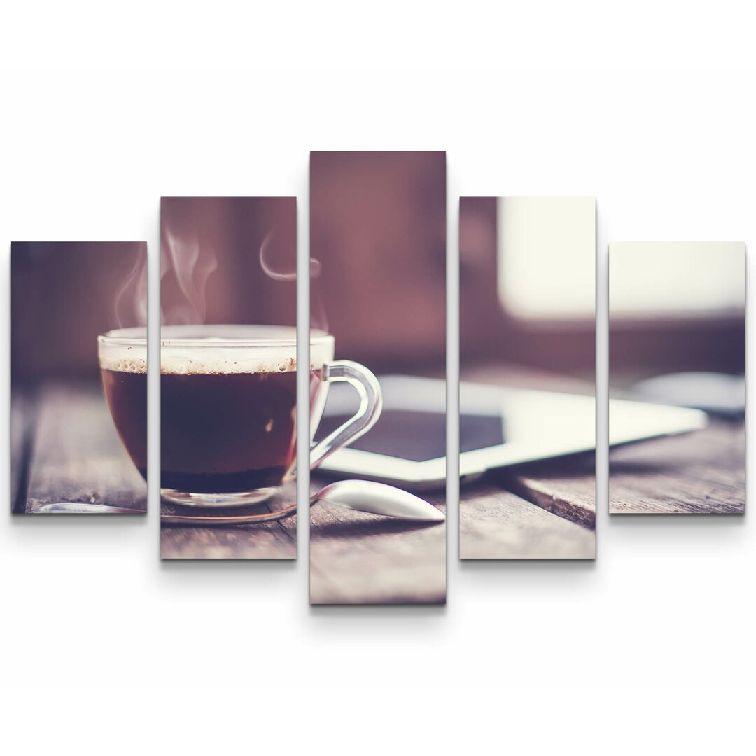 5-tlg. Leinwandbilder-Set Kaffeetasse Löffel und Tablet