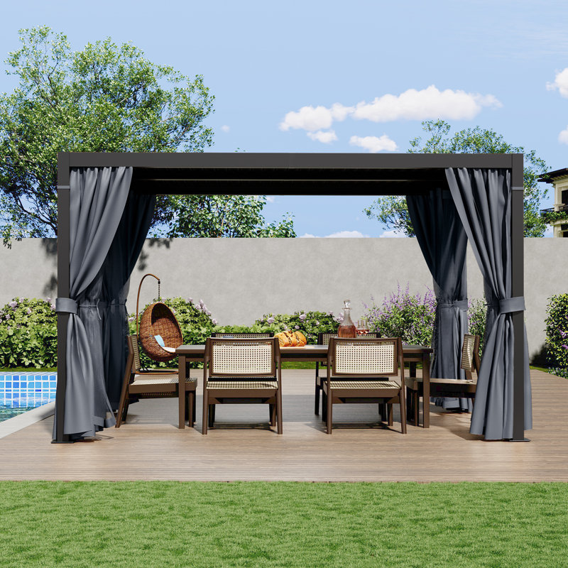 Pergola à persiennes en aluminium avec toit et rideaux réglables, Noir, 13 pi. L 10 pi. D