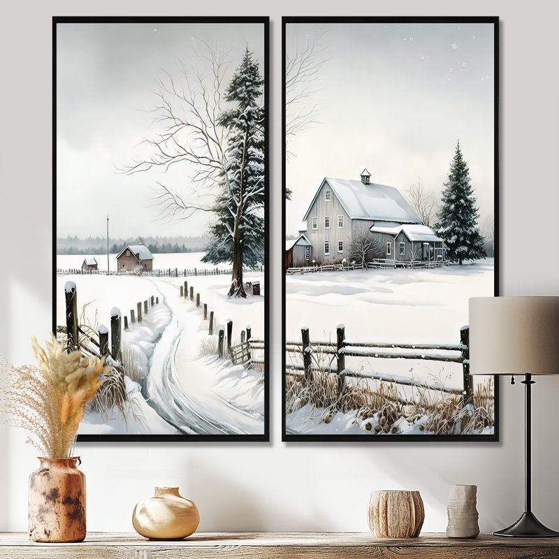 Nebraska Farm in Winter - Décoration murale traditionnelle brune 2 pièces, 32" H x 32" W, Impression encadrée flottante