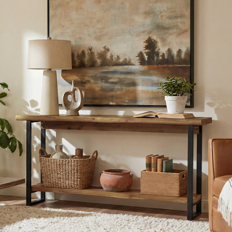 Solid Wood Live-Edge Console Table, Farmhouse 63-Inch Narrow Long Sofa Table, Dark Brown
