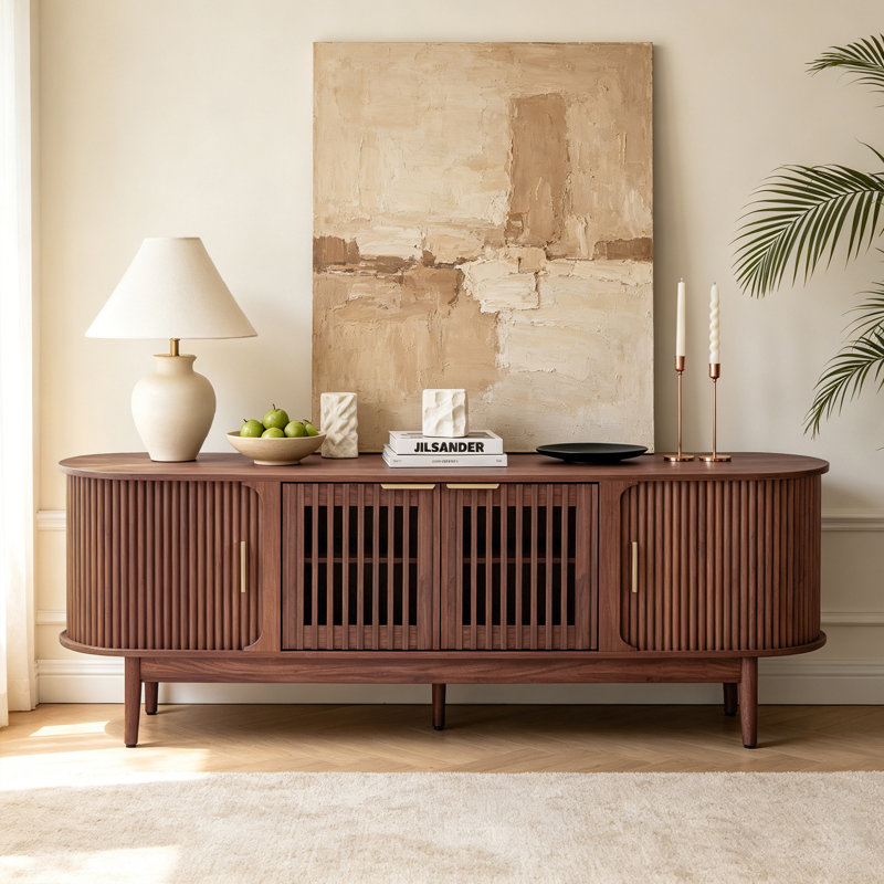 Meuble télé 70,9 po pour téléviseur 80 po, console média moderne Mid-Century avec portes coulissantes cannelées enveloppantes