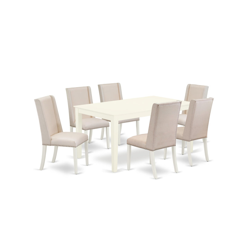7 Piece Dining Table Set Consist of a Rectangle Kitchen Table and 6 Cream Linen Fabric Upholstered Parson Chairs, Linen White