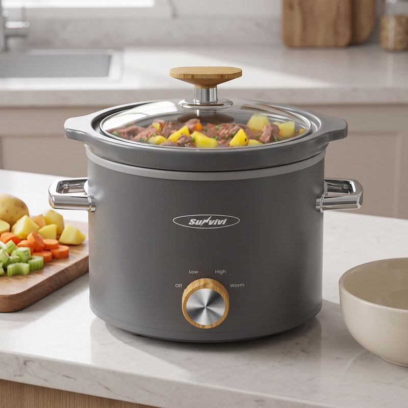 Mijoteuse compacte de 2 litres avec cuve amovible en céramique, 3 niveaux de cuisson et couvercle en verre compatible lave-vaisselle.