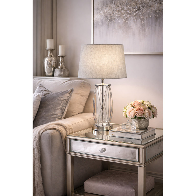 Alexarae 50cm Glass & Metal Table Lamp with linen shade, Silver, Grey