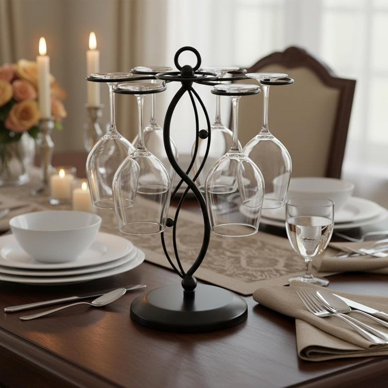 6-Hook Rotating Wine Glass Rack With Sturdy Base & Scrollwork Design - Black Metal Countertop Stemware Holder | Rust-Resistant, Space-Saving Storage For Kitchen, Bar, Dining Table (13.75" H)