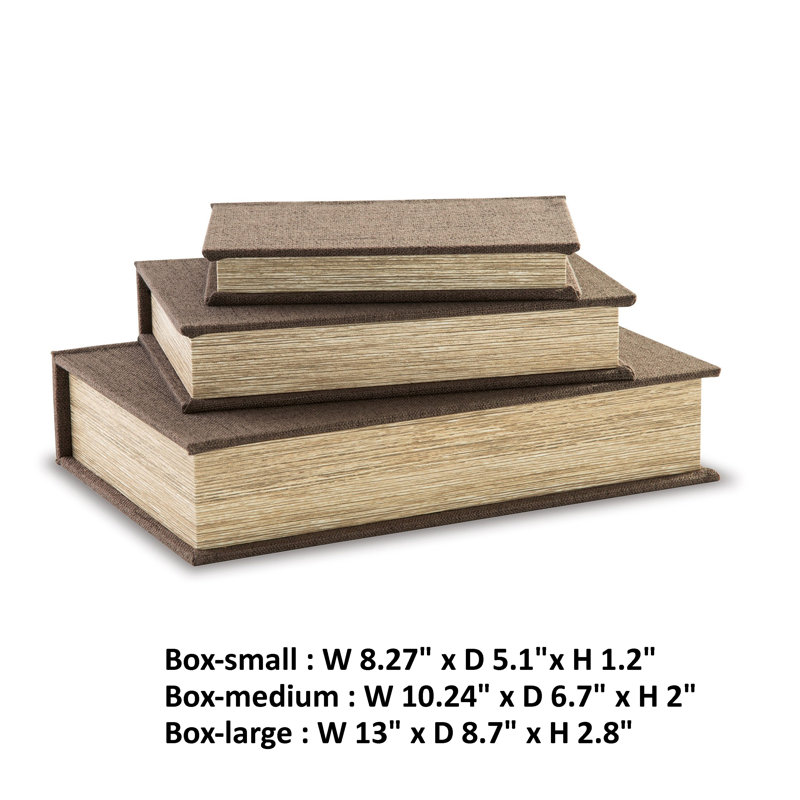 Jolly Decor Storage Book Box Set Of 3, Linen, Velvet Lining, Brown/Black
