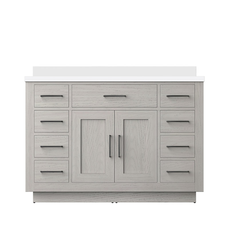 48 po L x P 22 po. Meuble-lavabo simple avec aspect chêne blanc, comptoir en quartz, structure en bois massif, tiroirs à fermeture en douceur, assemblage pré-assemblé, conception, rénovation avant la salle de bain
