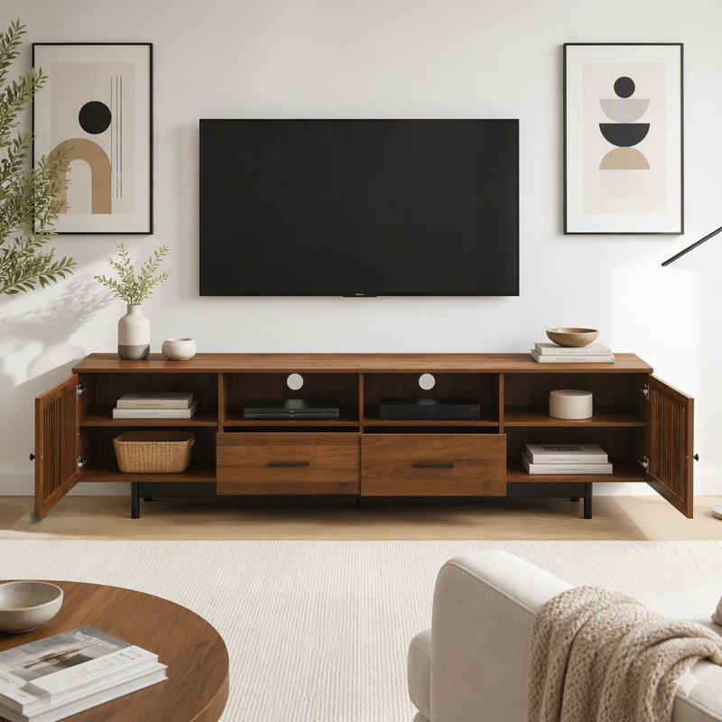 Meuble télé 78 po pour téléviseur de 85 po ou moins, console média avec 2 tiroirs, charnières à fermeture en douceur et portes à lattes