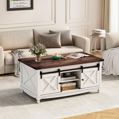 48"" Farmhouse Lift Top Coffee Table with Storage Sliding Barn Door & Large Hidden Compartment, Coffee Table with Lifting Top with Wooden Lift Tabletop -  August Grove®, 95013D6008354C88BC96BBCD3A87876C