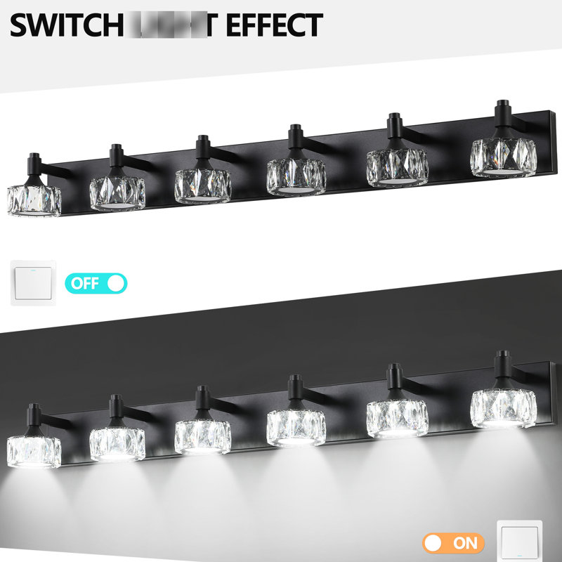 Modern Bathroom Wall Sconce With 6- Matte Black Led And Crystal Glass. Rust, Uncomplicated Installation Vanity Glass Shades For Bathroom. Sconce. Material, Quick Installment
