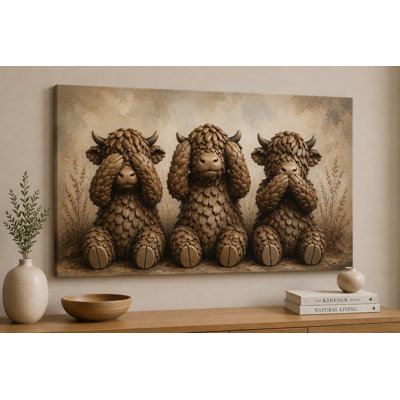 Large Highland Cow Trio See No Evil Speak No Evil Hear No Evil  Wall Art Canvas Print 24x36 Inch Fantasy Animal Art for Living Room Bedroom Decor - Ready to hang