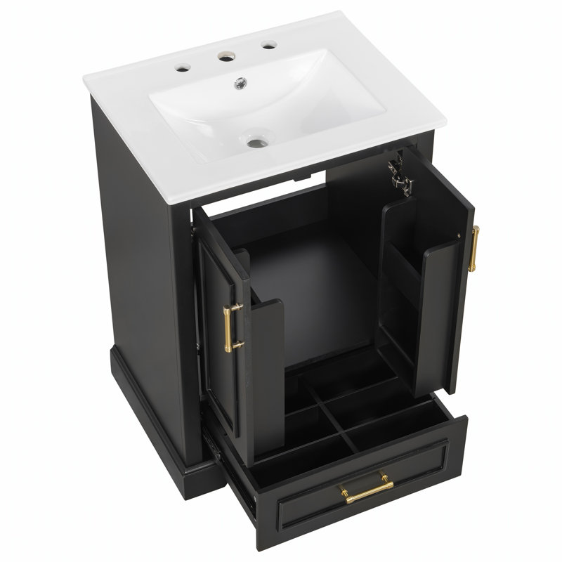 Meuble-lavabo moderne de 24 pouces avec lavabo en céramique et rangement double couche, facile d'entretien et conception durable