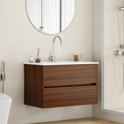 Meuble-lavabo mural 32 po avec deux tiroirs, système de fermeture en douceur, lavabo en céramique, conception sans poignée, bois massif, facile à installer, le robinet n'est pas inclus, noyer