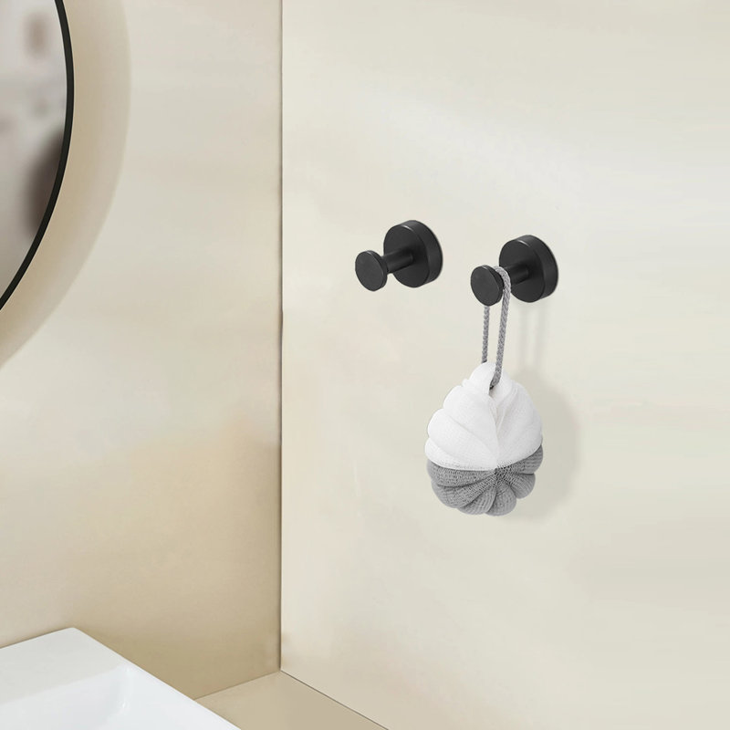 2 Pieces Knob Round Base Wall-Mount Robe/Towel Hook In Matte Black
