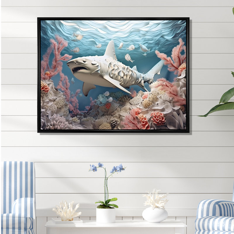 " Coral And Sharks Collage Symetry ", 12" H x 20" W x 1" D, Black Floater Framed