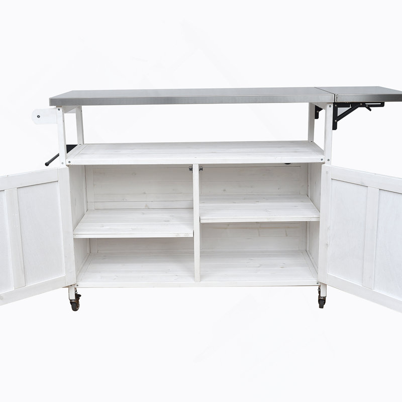 Foldable Outdoor Kitchen Island With Lockable Wheels, Storage, And Towel Rack For Efficient Patio Cooking, White