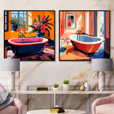 Orange et rose, salle de bain florale Serenity I - ensemble de 2 impressions murales de salle de bain