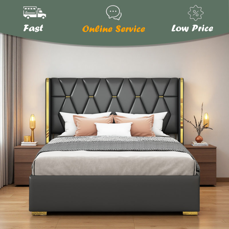 Lit plateforme tapissier avec bandes métalliques, Lit double
