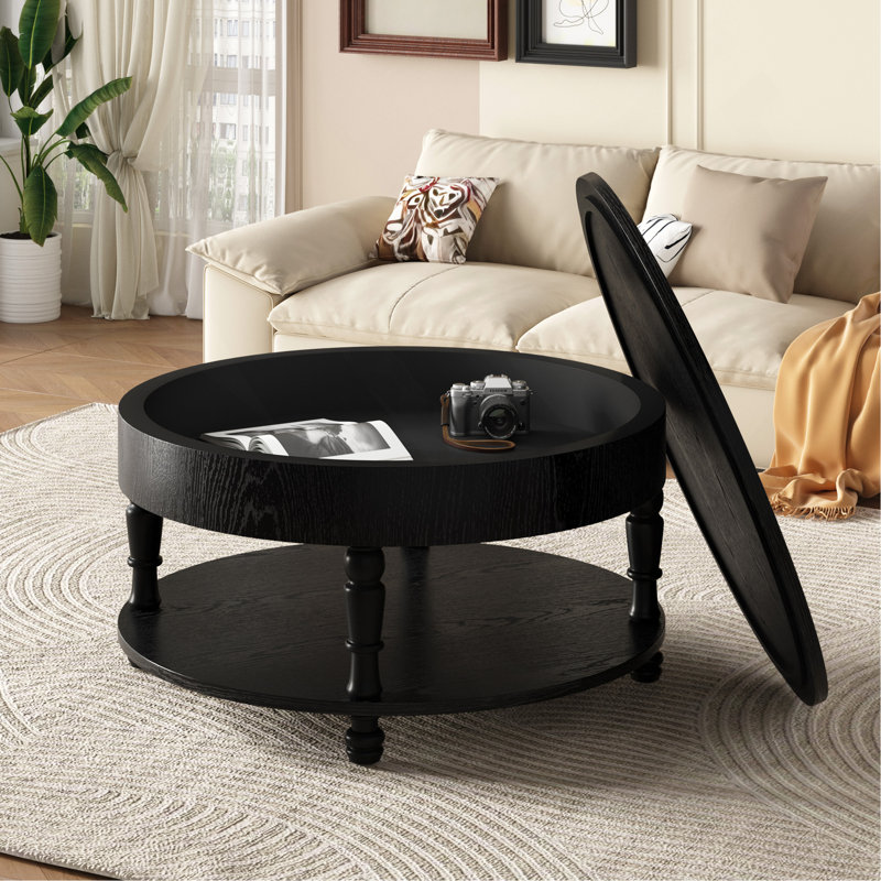 Table basse ronde moderne à deux compartiments de rangement dissimulés facile à assembler, Noir