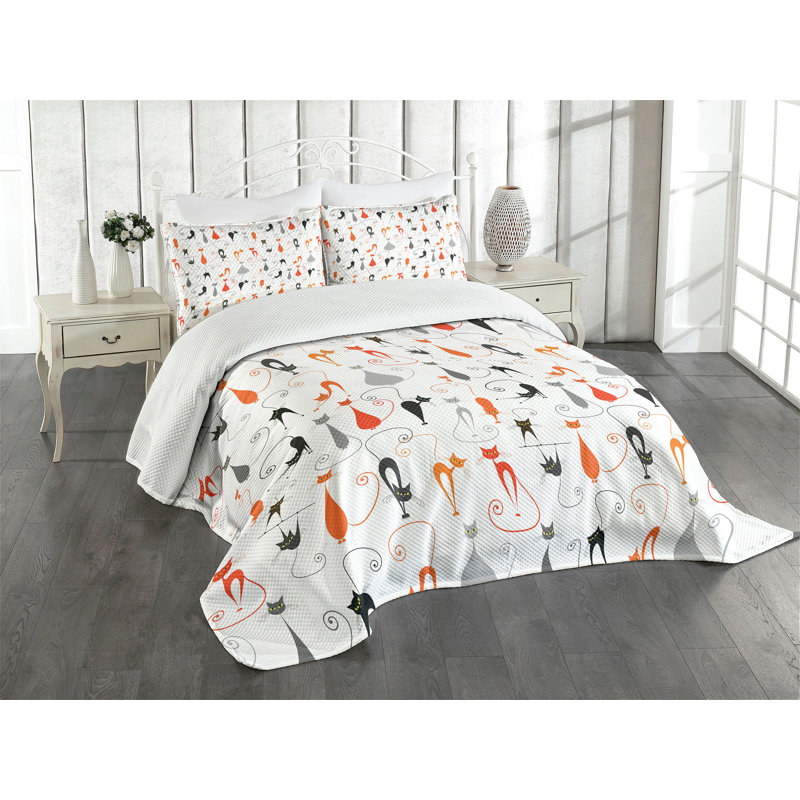 Ambesonne Cat Bedspread Set Colorful Design Kitten Pattern Multicolor White, King Coverlet / Bedspread + 2 Standard Shams