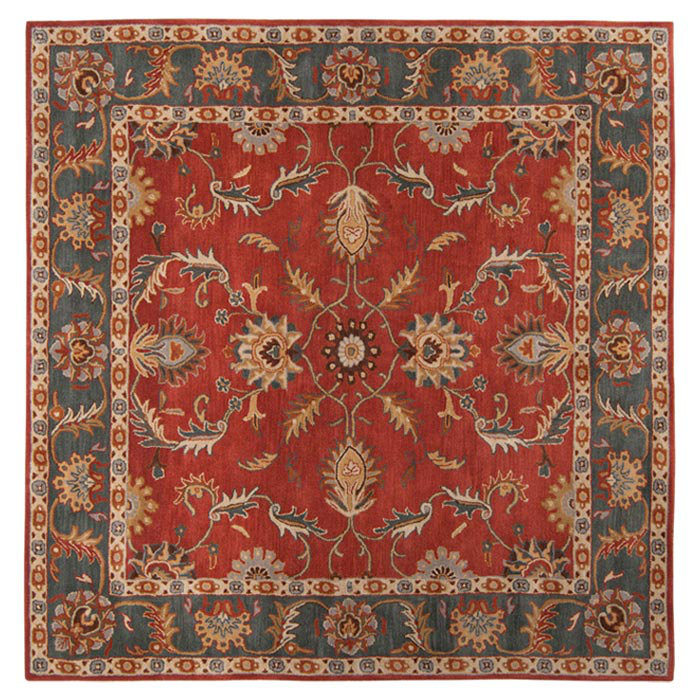 Tapis oriental en laine rouge brique, bleu marine et moutarde touffeté à la main Buckhill, Carré 8 pi