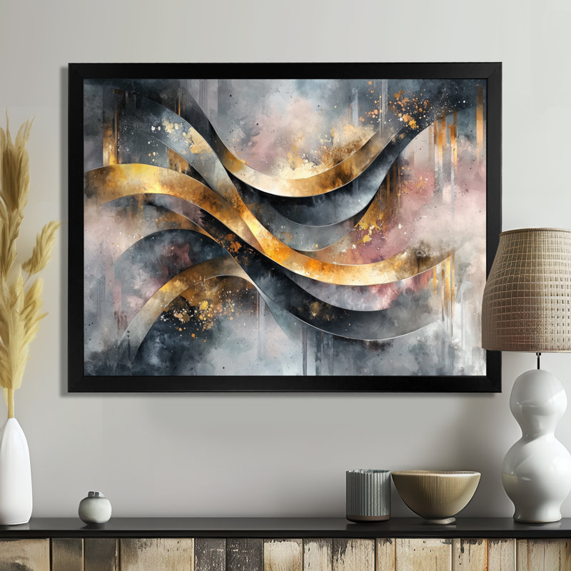 «Geometric Ink Pulse V - Abstract Spirals», art mural sur toile, Cadre simple, Noir, H 12 po x l 20 po