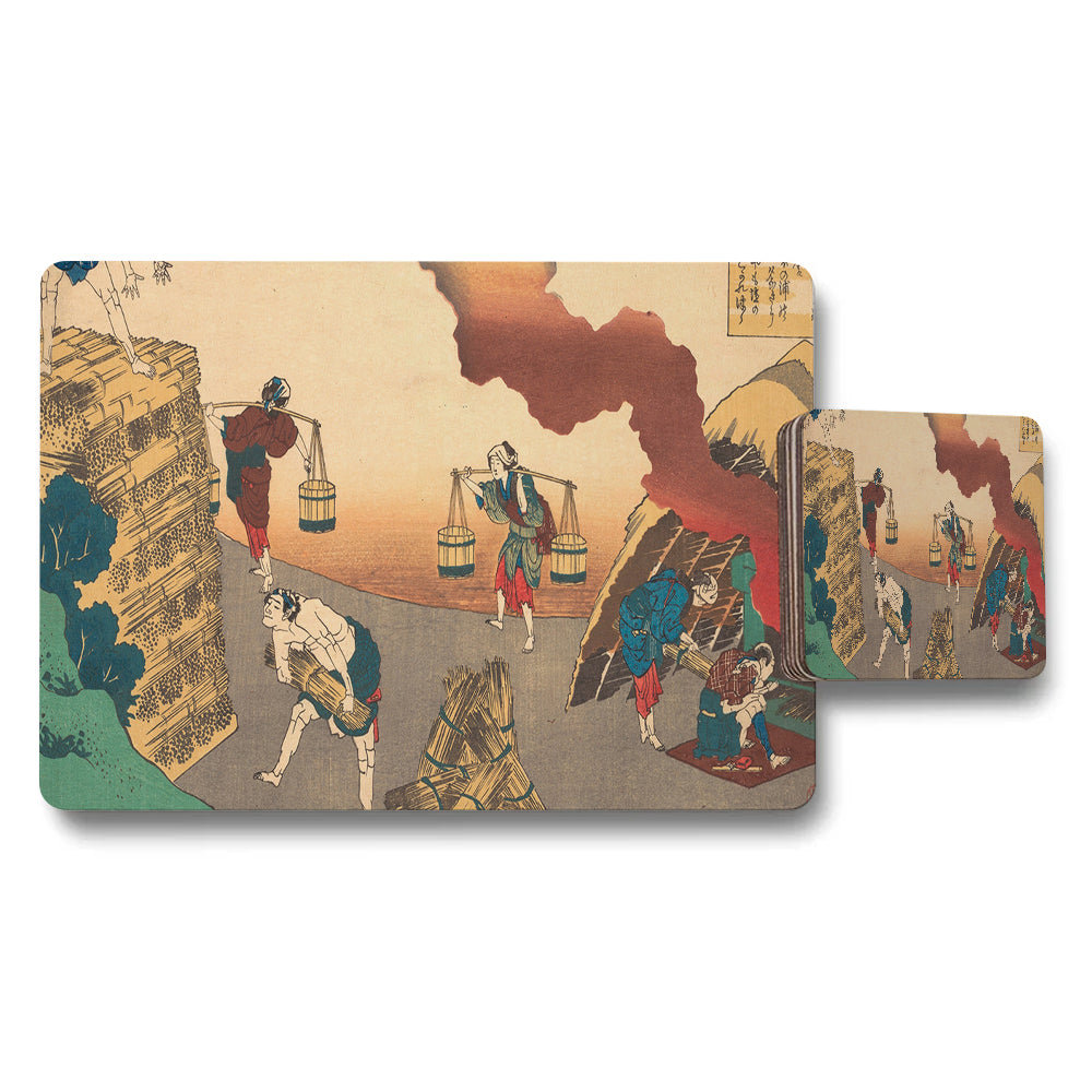 Traditional Japanese Woodblock Placemats And Coaster Set With Artwork