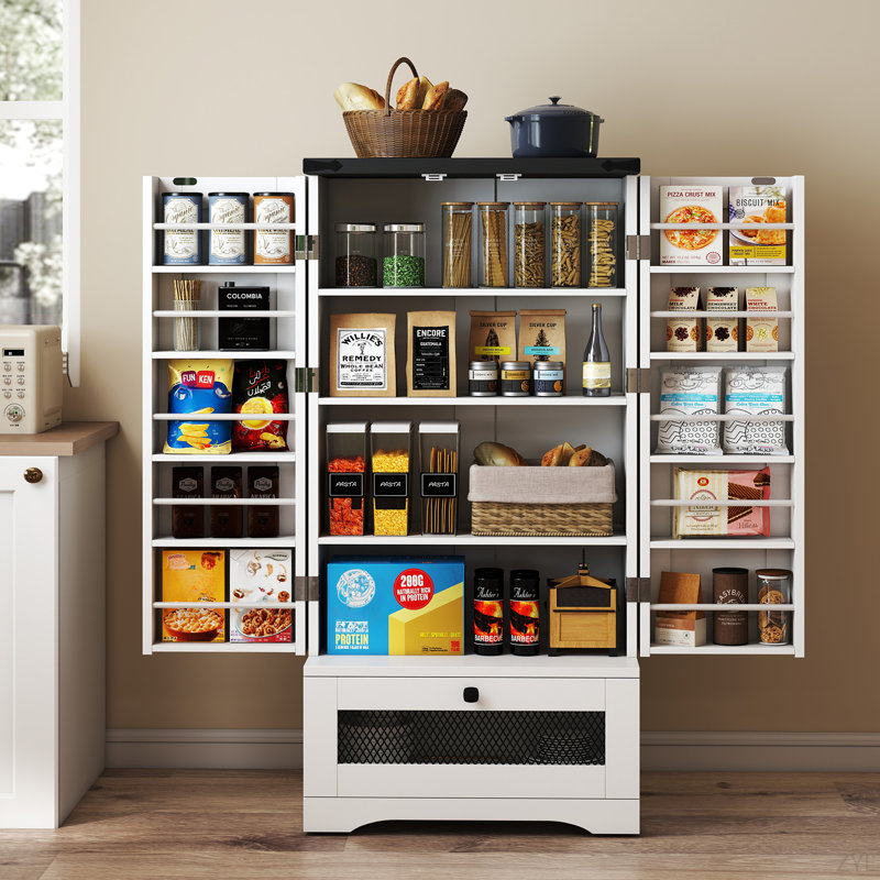 Armoire de rangement de style réfrigérateur - Organisateur de garde-manger de 47 po de hauteur avec portes doubles et tiroirs pour épices, aliments secs et batterie de cuisine, 23,1 po x 15,8 po