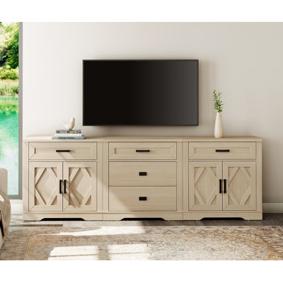 94.5"W Extra-Large Office Cabinet, 3-In-1 Farmhouse Storage Cabinet With 3 Drawers And Barn Door Compartment, Spacious Office Console With Media Shelves For Office, Bedroom,Beige