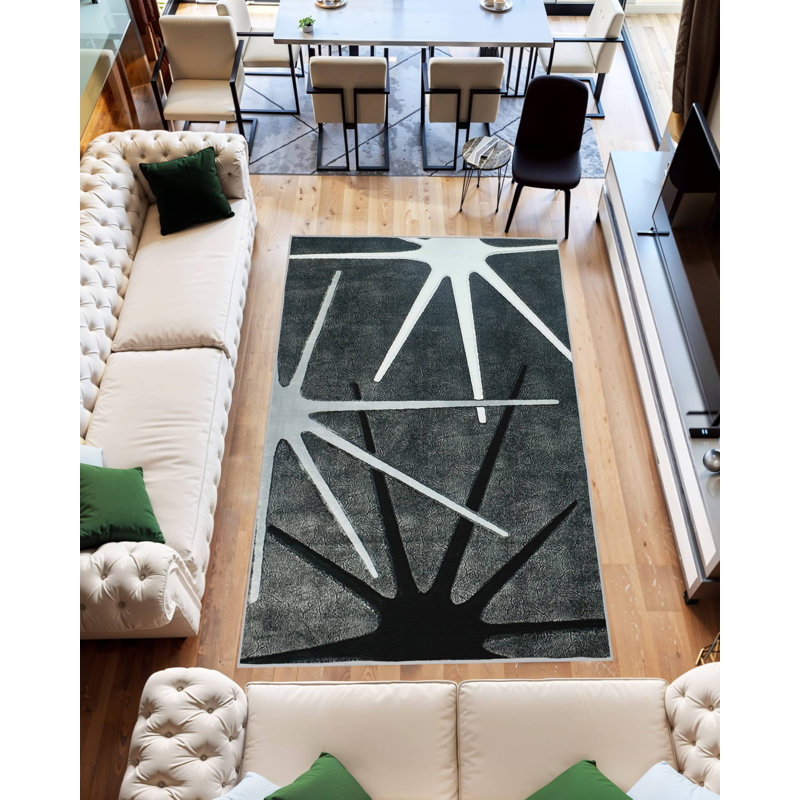 Tapis abstrait abstrait épais et sculpté à la main à motif géométrique moderne 80013 noir 8 x 10