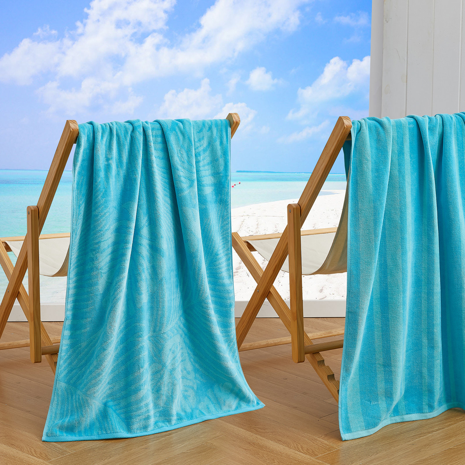 2-Piece Jacquard Cotton Beach Towel Set, Turquoise/Teal Palm Leaf & Stripe
