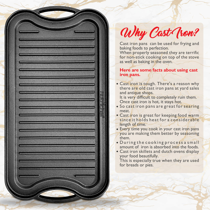 NutriChef Reversible Cast Iron Griddle with Scraper, 21.65"