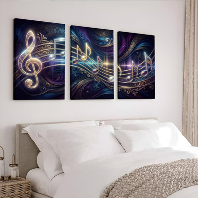 Musical Notes And Treble Clef Abstract Art Canvas Wrapped Wall Art Set Of 3