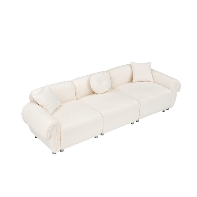 Ivy Bronx 112" Modern Curved Sofa, Back Upholstered Couch with 3 Decorative Throw Pillows, Beige Teddy 1