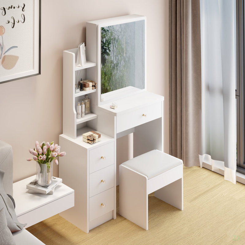 Petit meuble-lavabo 29,2 po avec tabouret de chevet et tabouret rembourré, Blanc