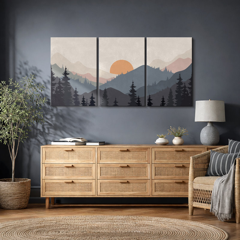 "Sun Mountain Landscape" Tranquil Orange Sunset Layered Hills, Toile tendue, H 36 po x l 72 po, Sans cadre