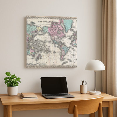 Carte du monde de Colton selon la projection de Mercator (1855) — Décoration murale carrée en métal