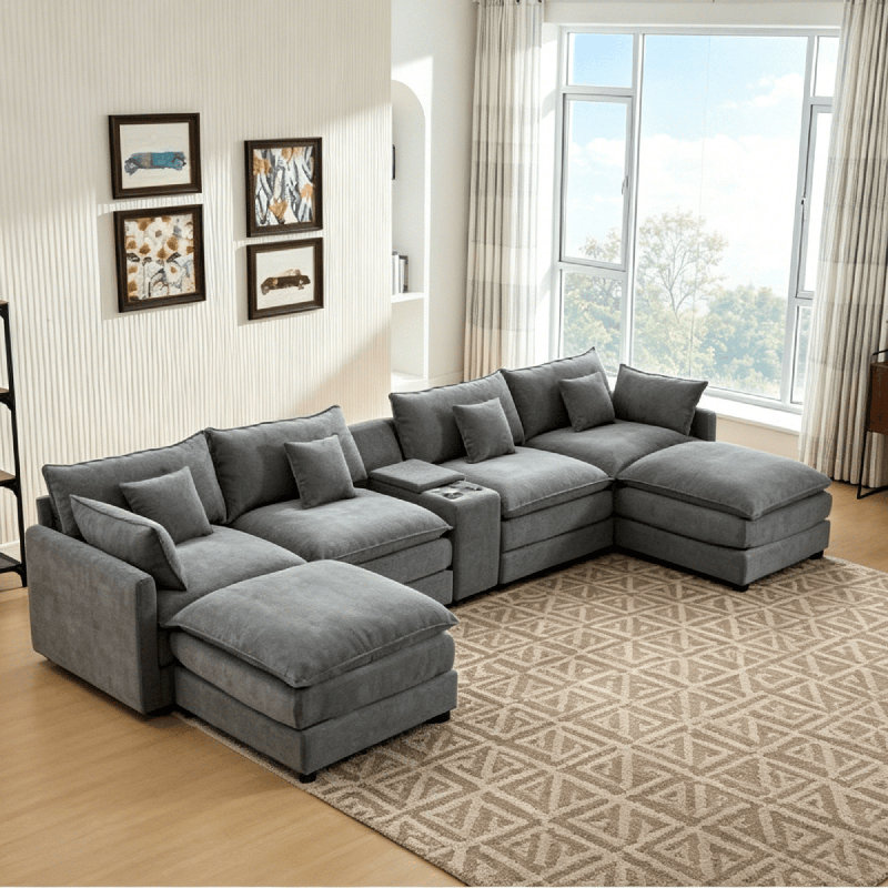 Canapé modulaire en chenille 142 pièces de 142,5 po avec console et ports USB, repose-pieds amovible, CSN-W5808S00002Gris