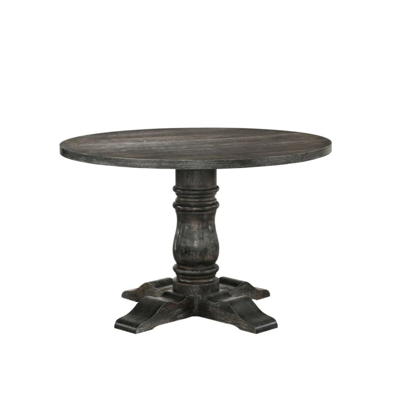 Table ronde à finition grise patinée pour la salle à manger, conception à piédestal simple, placage de chêne noueux et plateau fixe, base de colonne empire de 14 po, 47 po x 47 po x 36 po, table de rangement rustique élégante de 99 lb,