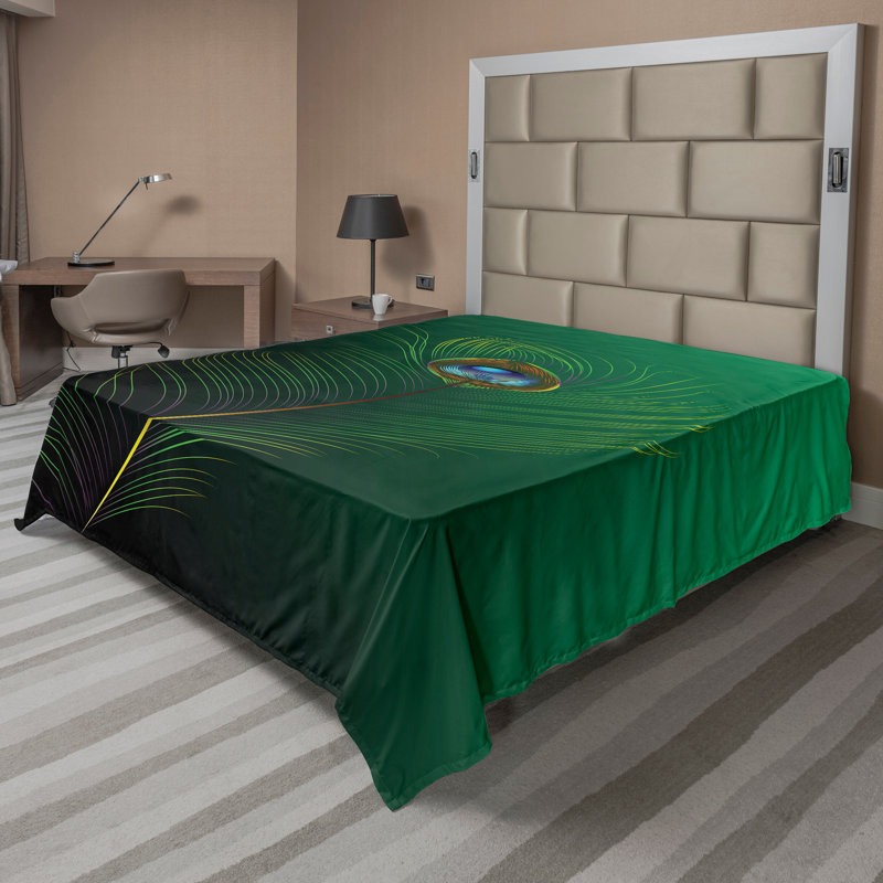 Ambesonne Animal Top Flat Sheet Peacock Bird Plumes Green Blue, Full Flat Sheet
