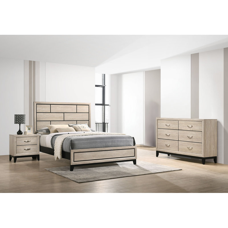 Ensemble de chambre à coucher à panneaux Yadier 3-2_Aubrey, gris, Simple, 3 Pcs: Bed, Nightstand, Dresser