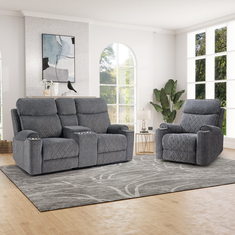 Ensemble de salon 2 pièces inclinable électrique en chenille 2 pièces, 2 Pcs: Chair, Loveseat