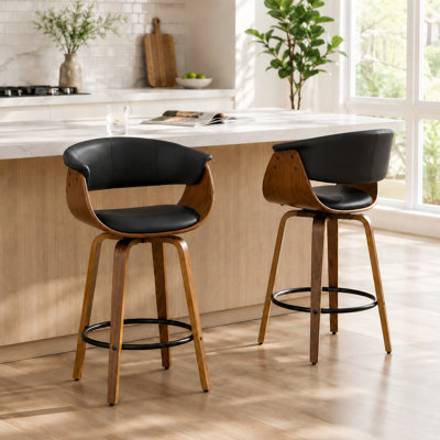 Modern Upholstered Swivel 26'' Counter Stools, Wood Kitchen Island Stools with Footrest